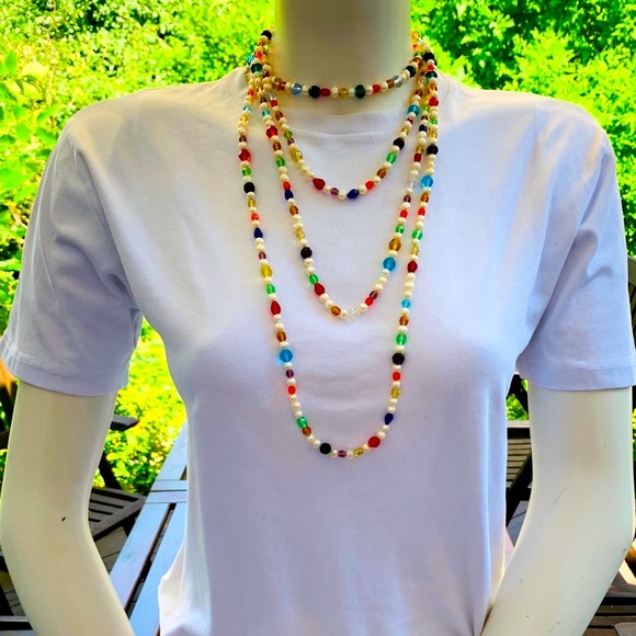 Extra Long 4 strands Knot Pearl necklace with Boho style multiple colored beads - Picture 11 of 11